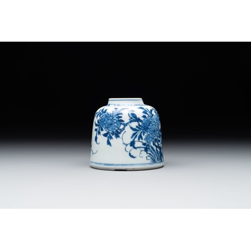 927 - A Chinese blue and white bell-shaped  water pot with birds among flowering branches, KangxiDia.: 9 -... 