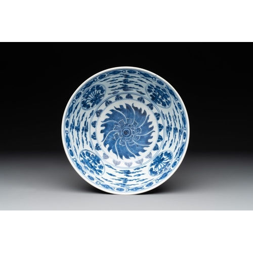 935 - A Chinese powder blue-ground biscuit, blue and white 'Buddhist lion' bowl, Xuande mark, KangxiDia.: ... 