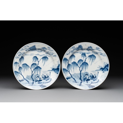 942 - A pair of Chinese blue and white plates with a breastfeeding woman and fishermen on boats, Chenghua ... 