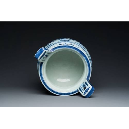 957 - A large Chinese blue and white 'bajixiang' and 'lotus scrolls' tripod censer, QianlongH.: 34 cm... 