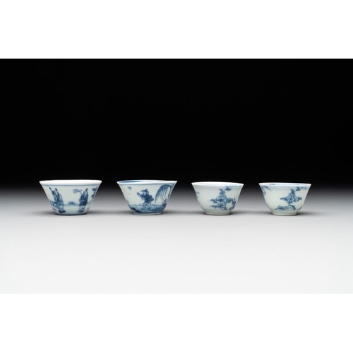 975 - Seven Chinese blue, white and famille rose cups, six saucers and two English-decorated jarlets, Kang... 