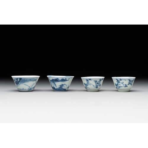 975 - Seven Chinese blue, white and famille rose cups, six saucers and two English-decorated jarlets, Kang... 