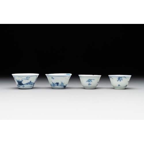 975 - Seven Chinese blue, white and famille rose cups, six saucers and two English-decorated jarlets, Kang... 