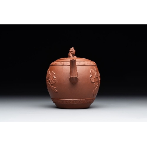 977 - A Chinese Yixing stoneware teapot with relief design, KangxiL.: 15,5 cm - H.: 10,5 cm... 