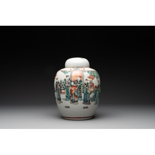 989 - A Chinese famille verte covered jar, two vases mounted as lamps and a tazza, 19th C.H.: 59,5 cm (the... 