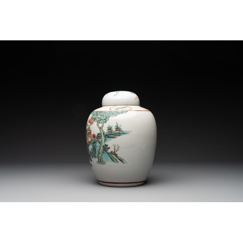 989 - A Chinese famille verte covered jar, two vases mounted as lamps and a tazza, 19th C.H.: 59,5 cm (the... 