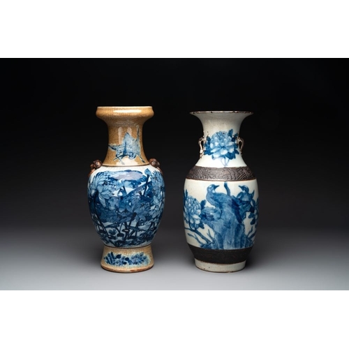 993 - Seven various Chinese Nanking blue and white, famille rose and verte crackle-glazed vases, 19th C.H.... 