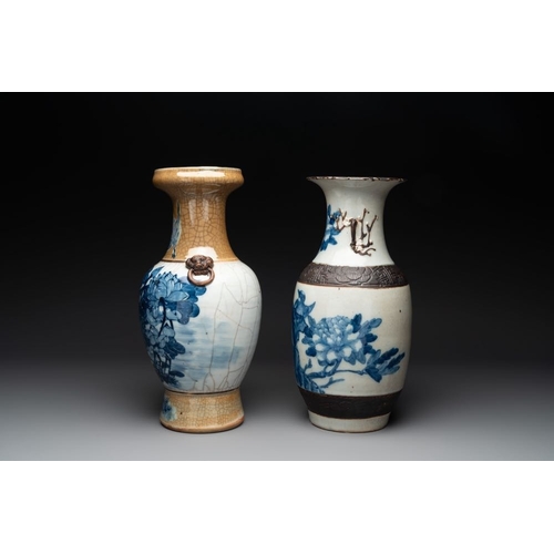 993 - Seven various Chinese Nanking blue and white, famille rose and verte crackle-glazed vases, 19th C.H.... 