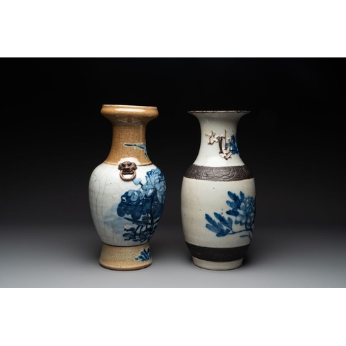 993 - Seven various Chinese Nanking blue and white, famille rose and verte crackle-glazed vases, 19th C.H.... 