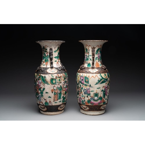 993 - Seven various Chinese Nanking blue and white, famille rose and verte crackle-glazed vases, 19th C.H.... 