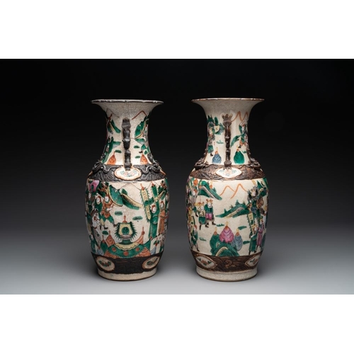 993 - Seven various Chinese Nanking blue and white, famille rose and verte crackle-glazed vases, 19th C.H.... 