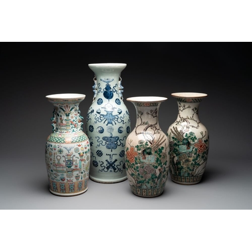 994 - A pair of Chinese Nanking famille verte crackle-glazed vases, a famille rose vase and a celadon-grou... 