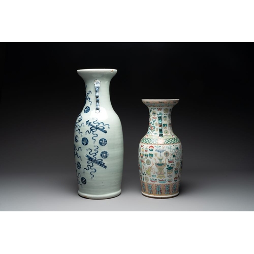 994 - A pair of Chinese Nanking famille verte crackle-glazed vases, a famille rose vase and a celadon-grou... 