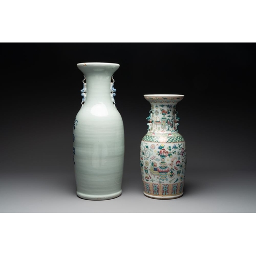 994 - A pair of Chinese Nanking famille verte crackle-glazed vases, a famille rose vase and a celadon-grou... 