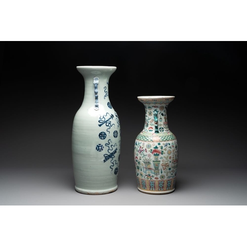 994 - A pair of Chinese Nanking famille verte crackle-glazed vases, a famille rose vase and a celadon-grou... 