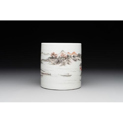 997 - A Chinese grisaille and iron-red 'landscape' brush pot, Ju Ren Tang mark, RepublicDia.: 13 cm -H.: 1... 