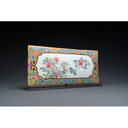 802 - A large rectangular Chinese gold-yellow-ground Canton enamel plaque with fine floral design, Yongzhe... 