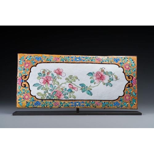 802 - A large rectangular Chinese gold-yellow-ground Canton enamel plaque with fine floral design, Yongzhe... 