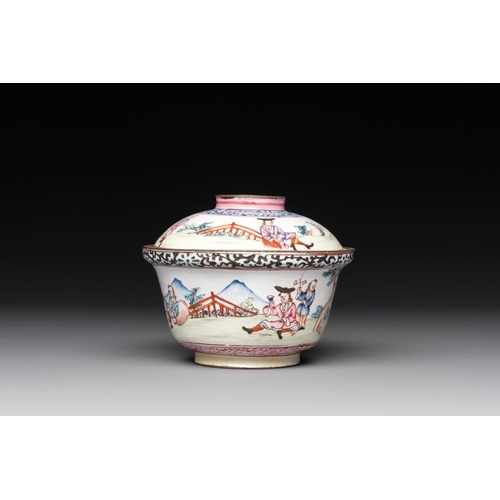 806 - A Chinese Canton enamel 'foreigners' bowl and cover and a 'erotical subject' plate, Yongzheng/Qianlo... 