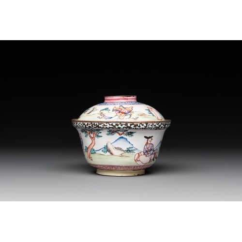 806 - A Chinese Canton enamel 'foreigners' bowl and cover and a 'erotical subject' plate, Yongzheng/Qianlo... 