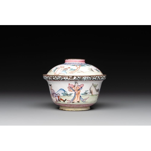 806 - A Chinese Canton enamel 'foreigners' bowl and cover and a 'erotical subject' plate, Yongzheng/Qianlo... 