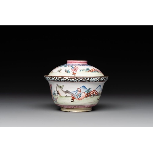 806 - A Chinese Canton enamel 'foreigners' bowl and cover and a 'erotical subject' plate, Yongzheng/Qianlo... 