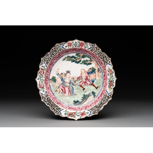 806 - A Chinese Canton enamel 'foreigners' bowl and cover and a 'erotical subject' plate, Yongzheng/Qianlo... 