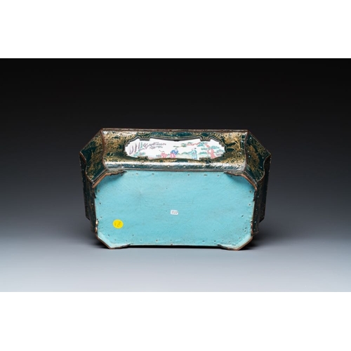 809 - A Chinese Canton enamel gilt-decorated dark-green-ground jardiniere with four inserted plaques, Qian... 