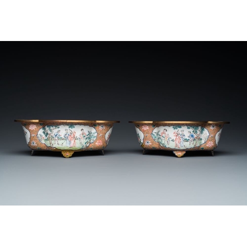 810 - A pair of Chinese Canton enamel quatrefoil jardinieres with figural design, Qianlong mark, 19th C.Di... 