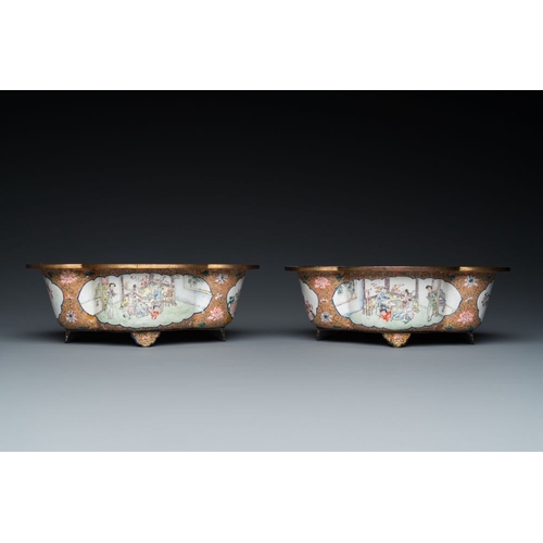 810 - A pair of Chinese Canton enamel quatrefoil jardinieres with figural design, Qianlong mark, 19th C.Di... 