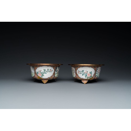 810 - A pair of Chinese Canton enamel quatrefoil jardinieres with figural design, Qianlong mark, 19th C.Di... 