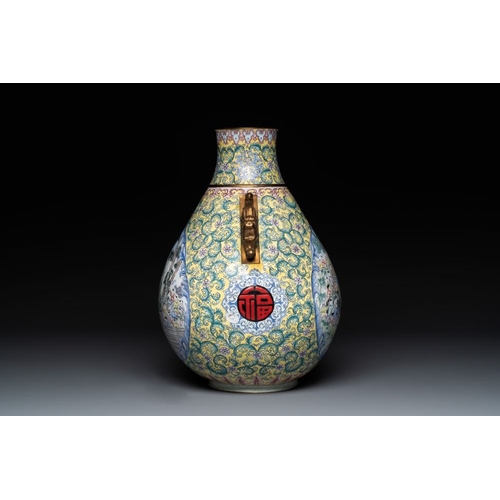 815 - A Chinese Canton enamel '100 boys' 'hu' vase, 20th C.H.: 38,5 cm