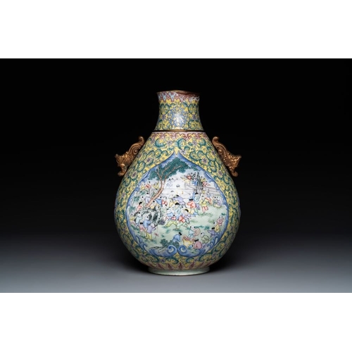 815 - A Chinese Canton enamel '100 boys' 'hu' vase, 20th C.H.: 38,5 cm