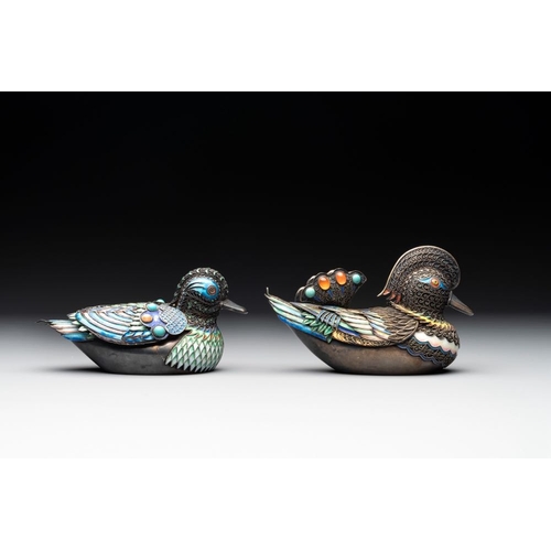 820 - Two Chinese precious stone inset, enamelled and filigree silver mandarin duck-form boxes and covers,... 