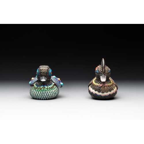 820 - Two Chinese precious stone inset, enamelled and filigree silver mandarin duck-form boxes and covers,... 