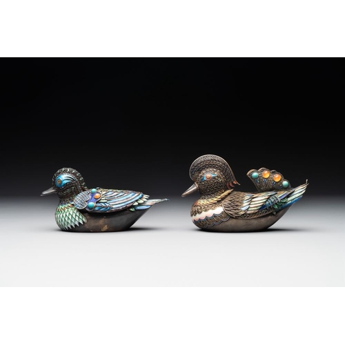 820 - Two Chinese precious stone inset, enamelled and filigree silver mandarin duck-form boxes and covers,... 