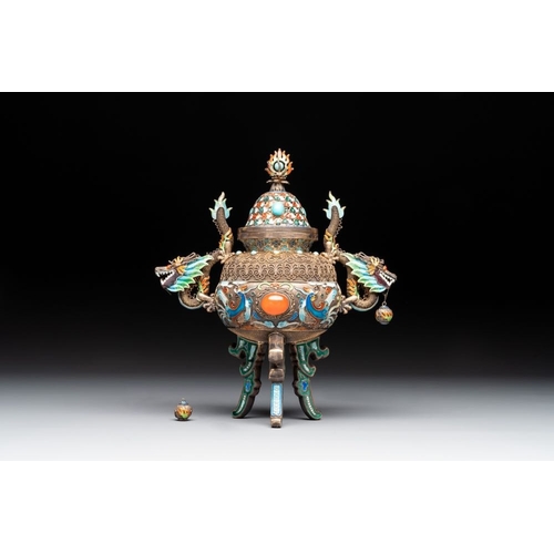 826 - A Chinese enamelled silver incense burner, a covered opium box, a square box and a cloisonne covered... 