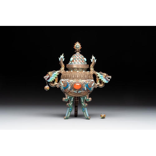 826 - A Chinese enamelled silver incense burner, a covered opium box, a square box and a cloisonne covered... 