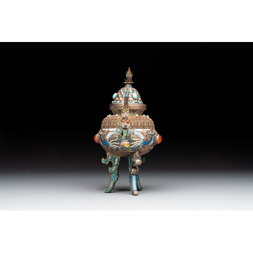 826 - A Chinese enamelled silver incense burner, a covered opium box, a square box and a cloisonne covered... 