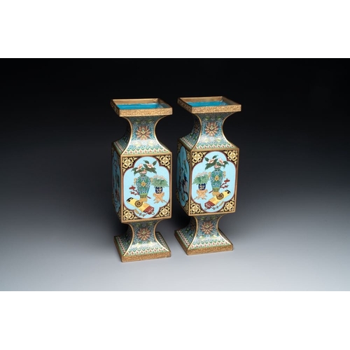 832 - A pair of fine Chinese rectangular cloisonne 'antiquities' 'gu' vases, 19/20th C.H.: 39 cm... 