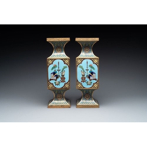 832 - A pair of fine Chinese rectangular cloisonne 'antiquities' 'gu' vases, 19/20th C.H.: 39 cm... 