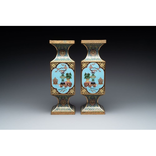 832 - A pair of fine Chinese rectangular cloisonne 'antiquities' 'gu' vases, 19/20th C.H.: 39 cm... 