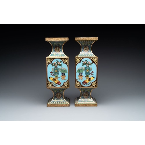 832 - A pair of fine Chinese rectangular cloisonne 'antiquities' 'gu' vases, 19/20th C.H.: 39 cm... 