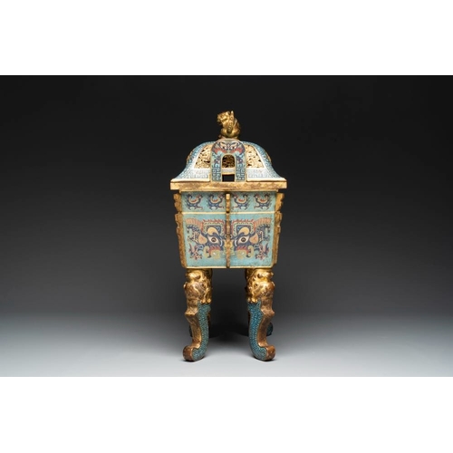 836 - An exceptional Chinese cloisonne âTaotieâ censer and cover, 'fang ding ', QianlongH.: 57,5 cm (i... 