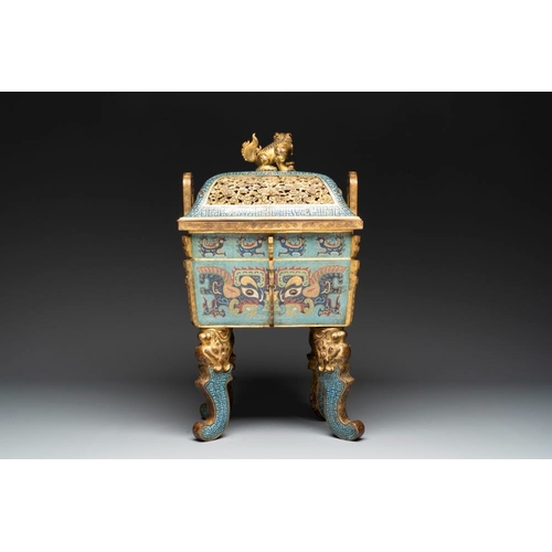 836 - An exceptional Chinese cloisonne âTaotieâ censer and cover, 'fang ding ', QianlongH.: 57,5 cm (i... 