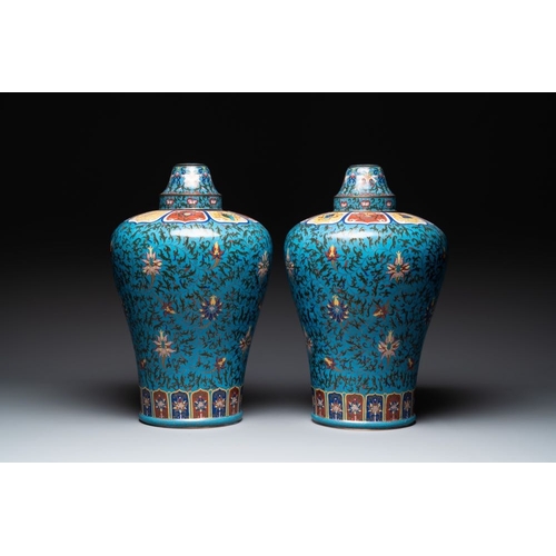 837 - A pair of large Chinese cloisonne 'lotus scroll' 'meiping' vases and cover, RepublicH.: 57 cm (incl.... 