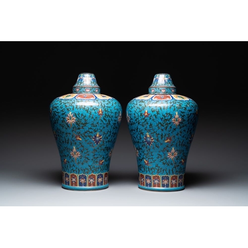 837 - A pair of large Chinese cloisonne 'lotus scroll' 'meiping' vases and cover, RepublicH.: 57 cm (incl.... 