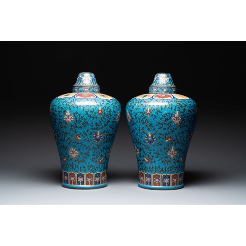 837 - A pair of large Chinese cloisonne 'lotus scroll' 'meiping' vases and cover, RepublicH.: 57 cm (incl.... 