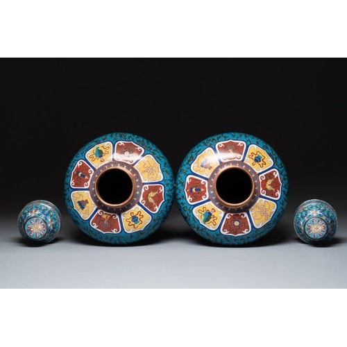 837 - A pair of large Chinese cloisonne 'lotus scroll' 'meiping' vases and cover, RepublicH.: 57 cm (incl.... 