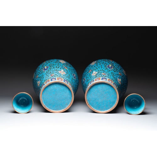 837 - A pair of large Chinese cloisonne 'lotus scroll' 'meiping' vases and cover, RepublicH.: 57 cm (incl.... 